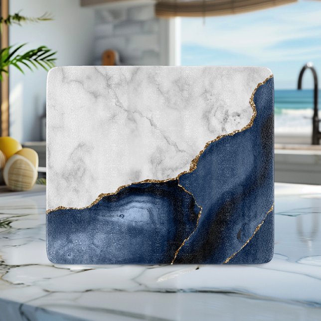Planche À Découper Marbre blanc Agate Navy Blue dorée (Créateur téléchargé)