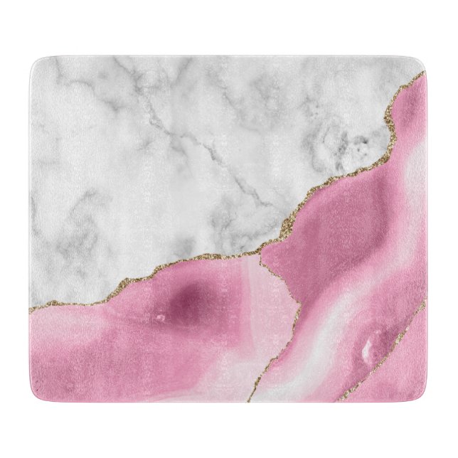 Planche À Découper Marbre blanc Agate rose Paillettes dorées (Devant)