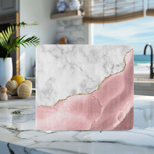 Planche À Découper Marbre blanc Agate rose paillettes dorées