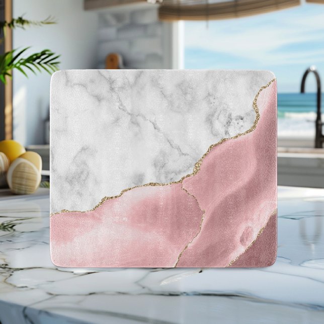 Planche À Découper Marbre blanc Agate rose paillettes dorées (Créateur téléchargé)