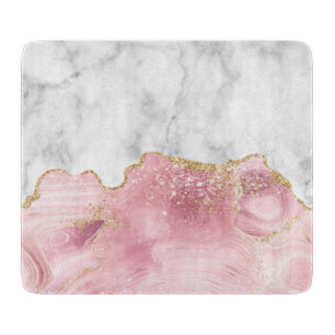 Planche À Découper Marbre blanc Agate rose pastel Paillettes dorées