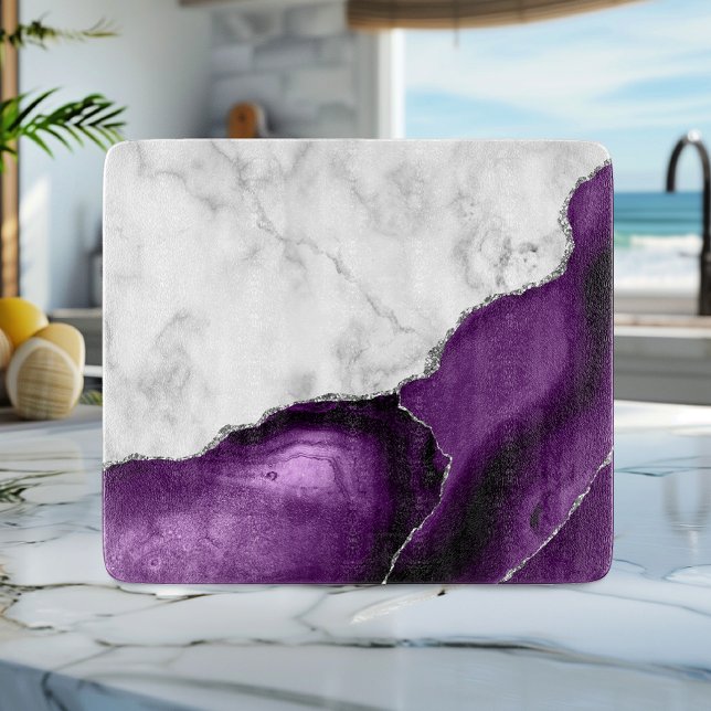 Planche À Découper Marbre Blanc Agate Violette Paillettes Argentées (Créateur téléchargé)