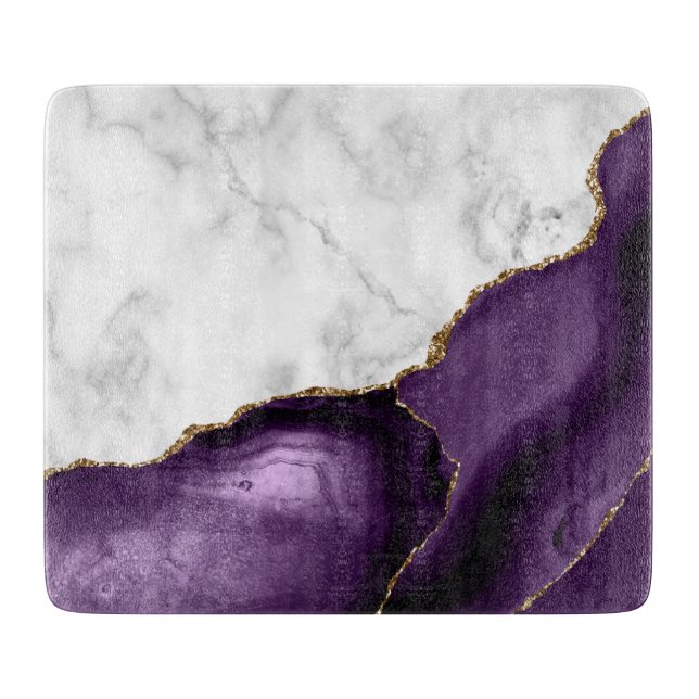 Planche À Découper Marbre Blanc Agate Violette Paillettes Dorées (Devant)