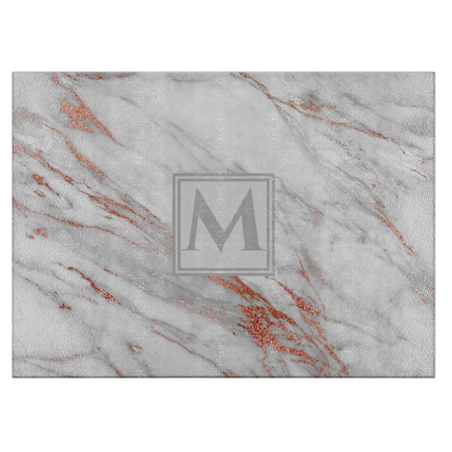 Planche À Découper marbre blanc cuivre or rose élégant Monogramme (Devant)