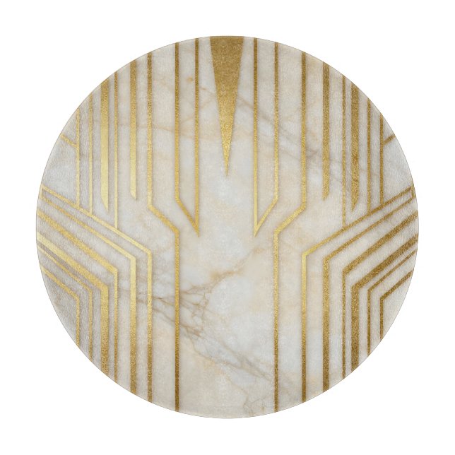 Planche À Découper Marbre Blanc Luxueux Motif Géométrique Doré (Devant)