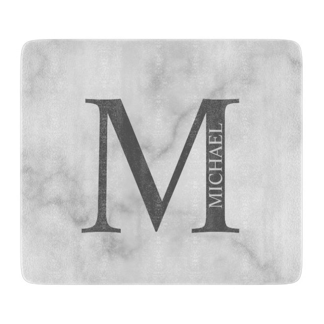 Planche À Découper Marbre blanc Monogramme personnalisé et nom (Devant)