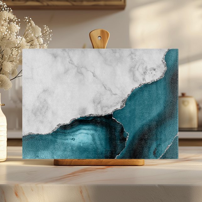 Planche À Découper Marbre blanc paillettes argentées agate bleu sarce (Créateur téléchargé)