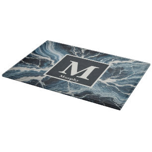 Planche À Découper Marbre bleu avec des flux blancs Monogramme