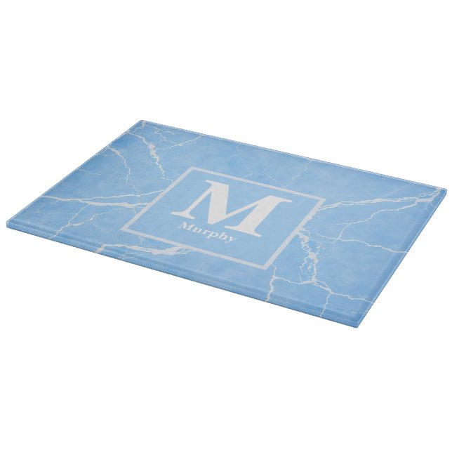 Planche À Découper Marbre bleu glace avec Monogramme de Veines blanch (Coin)