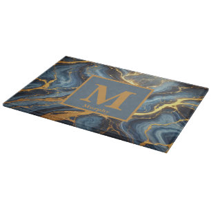 Planche À Découper Marbre Bleu Royal avec Monogramme aux Veines Dorée