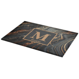 Planche À Découper Marbre Charbon avec des Traînées de Bronze Monogra