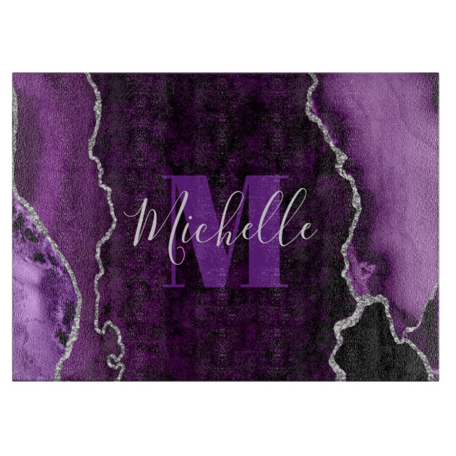 Planche À Découper Marbre d'agate Monogramme Paillettes Violet et Arg (Devant)