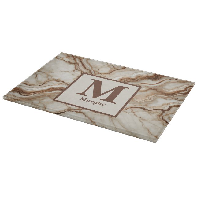 Planche À Découper Marbre de crème et Monogramme de veine Brown (Coin)
