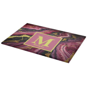 Planche À Découper Marbre magenta avec des rayures dorées et noires