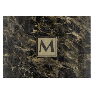 Planche À Découper Marbre noir et or de luxe   Monogramme