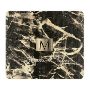 Planche À Découper Marbre Noir & Or, Boîte Dorée, Nom & Monogramme