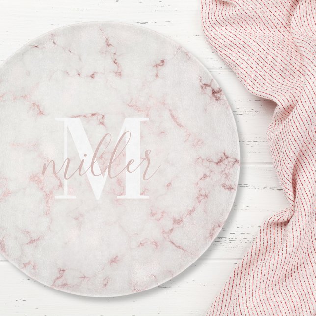 Planche À Découper Marbre Rose Monogramme Rond Verre (Créateur téléchargé)
