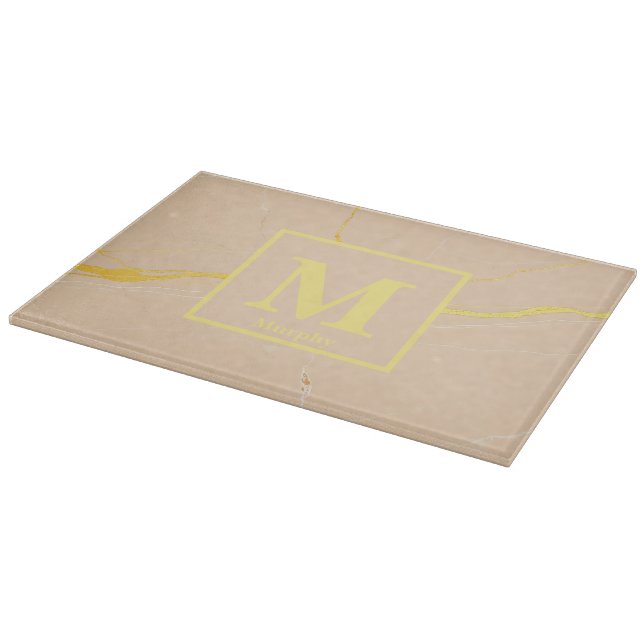 Planche À Découper Marbre Taupe avec Monogramme à Rayures Jaunes (Coin)
