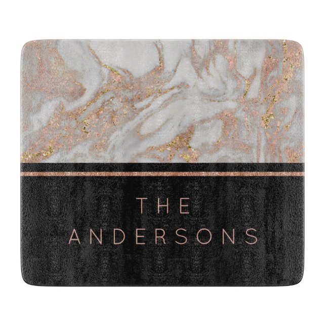 Planche À Découper Marbre Tourbillon de Faux Or Rose Moderne Monogram (Devant)