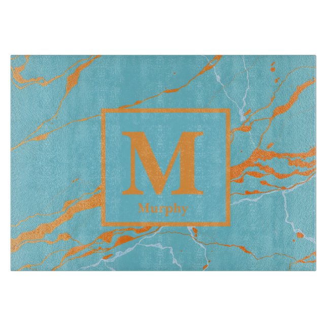 Planche À Découper Marbre Turquoise avec Cuivre Points forts Monogram (Devant)