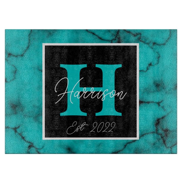 Planche À Découper Marbre Turquoise Sophistiqué monogramme nom année (Devant)