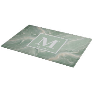 Planche À Découper Marbre Vert Doux avec Monogramme à Veines Blanches