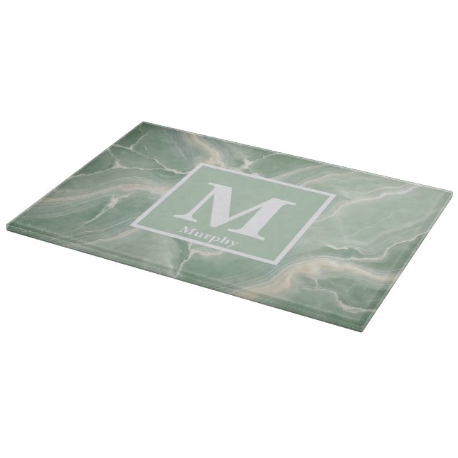 Planche À Découper Marbre Vert Doux avec Monogramme à Veines Blanches (Coin)