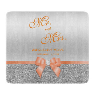 Planche À Découper Mariage Corail Romantique avec Paillettes Argentée