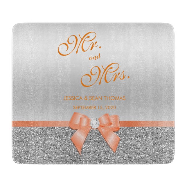 Planche À Découper Mariage Corail Romantique avec Paillettes Argentée (Devant)
