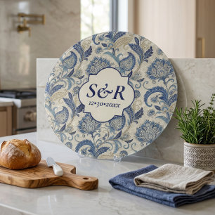 Planche À Découper Mariage Fleuris Damassé Bleu et Crème Monogramme