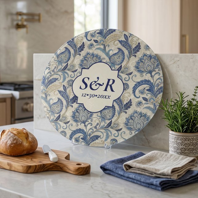 Planche À Découper Mariage Fleuris Damassé Bleu et Crème Monogramme (Créateur téléchargé)