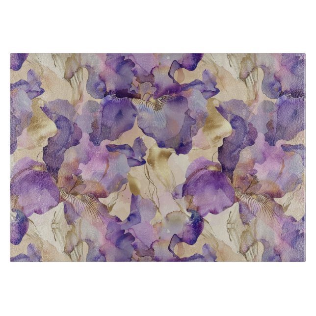 Planche À Découper Mariage Floral Iris Violet Or Romantique (Devant)