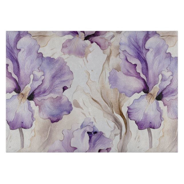 Planche À Découper Mariage Romantique Fleur d'Iris Crème Violette (Devant)