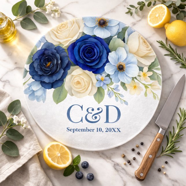 Planche À Découper Mariage Royal Bleu Cadeau Fleurs Ivoire (Créateur téléchargé)