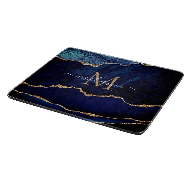 Planche À Découper Marine Blue Marble Cutting Board Nom personnalisé  (Coin)