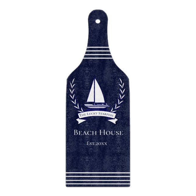 Planche À Découper Marine Nautique Bleu Voilier Côtier Monogramme (Devant)