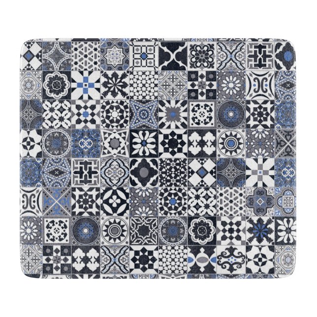 Planche À Découper Marocain carrelage noir, bleu, gris (Devant)