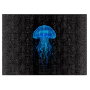 Planche À Découper Méduse néon bleu sur panneau de verre Black 4 Luxe