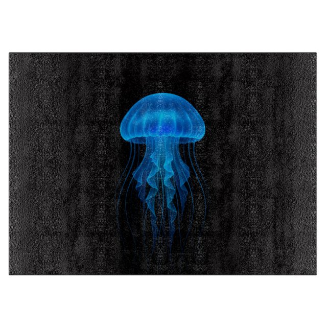 Planche À Découper Méduse néon bleu sur panneau de verre Black 4 Luxe (Devant)
