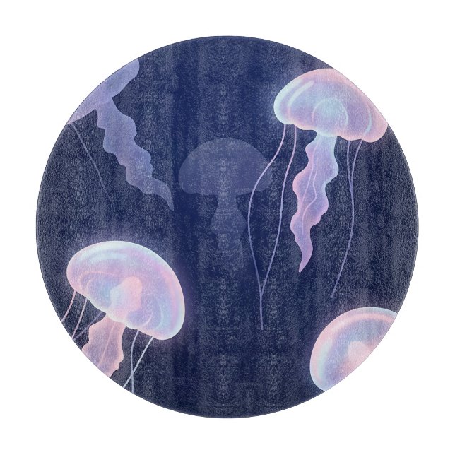 Planche À Découper Méduses iridescentes lumineuses bleu profond rose  (Devant)