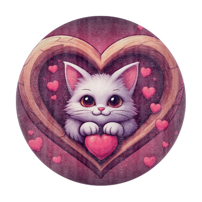 Planche À Découper Mignon Chat Blanc avec Cœur Design Kawaii Kitty Lo (Devant)