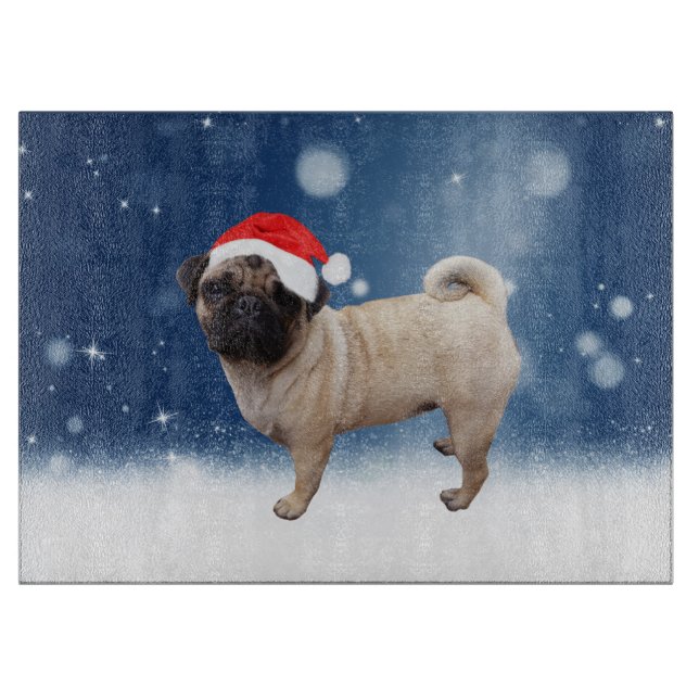 Planche À Découper Mignonne chien Carlin Noël Père Noël Chapeau Neige (Devant)