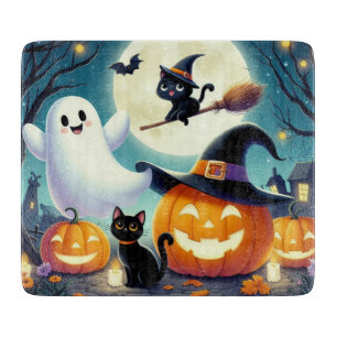 Planche À Découper Mignonne, citrouille d'Halloween, chat & fantôme
