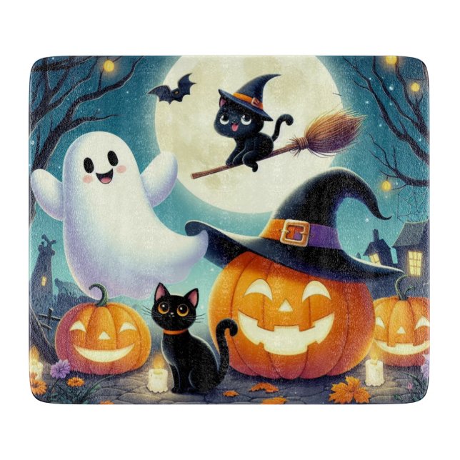 Planche À Découper Mignonne, citrouille d'Halloween, chat & fantôme (Devant)