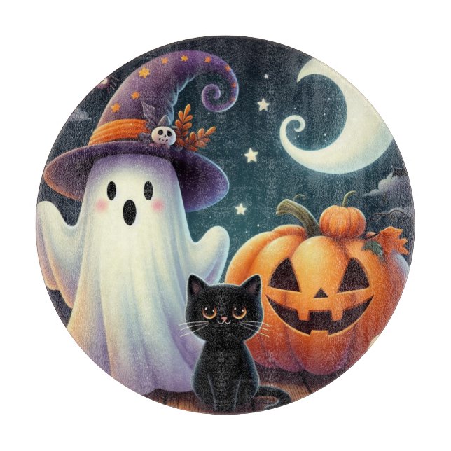 Planche À Découper Mignonne, citrouille d'Halloween, chat & fantôme (Devant)
