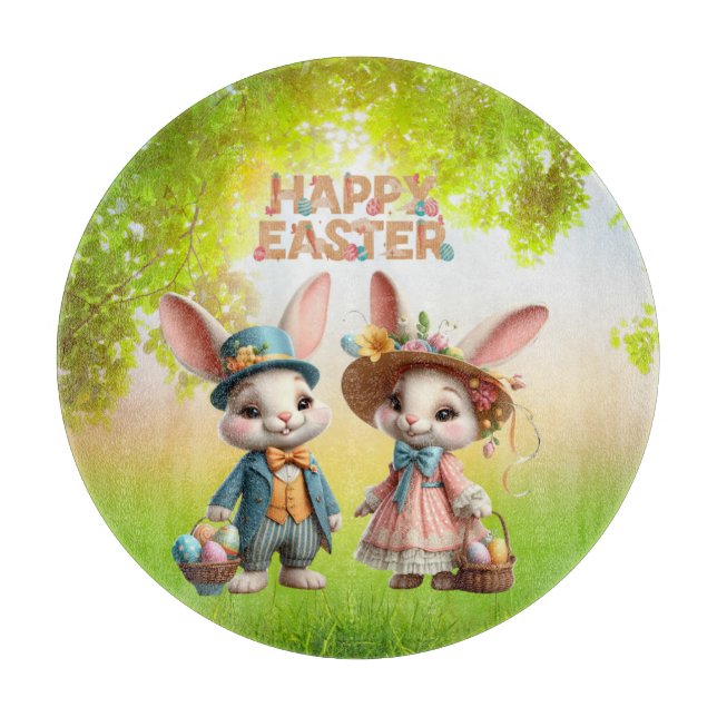 Planche À Découper Mignonne, Whimsical Joyeuse Pâques avec 2 lapins (Devant)