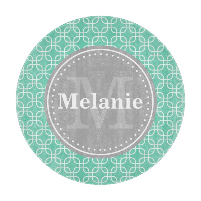 Planche À Découper Mint Carré moderne Motif gris Monogramme (Devant)