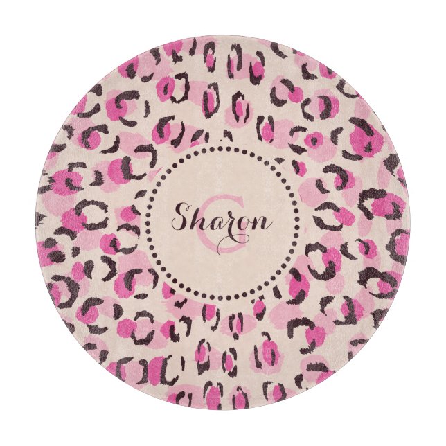 Planche À Découper Moderne chic imprimé guépard rose motif monogramme (Devant)