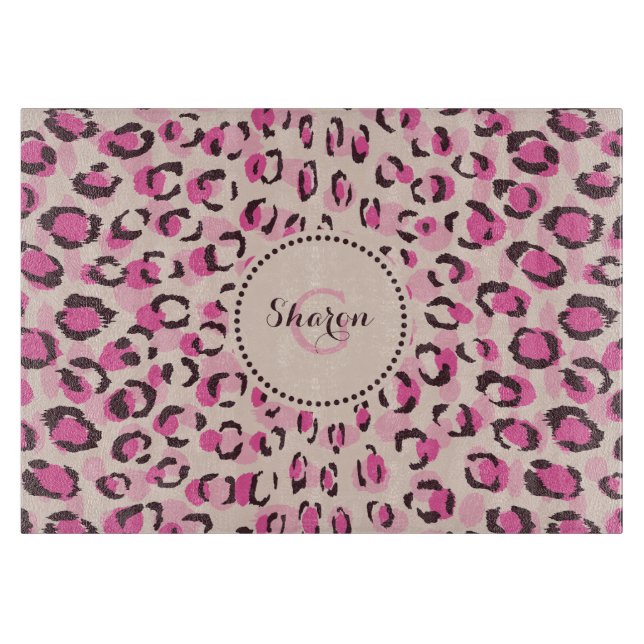 Planche À Découper Moderne chic imprimé motif guépard rose monogramme (Devant)