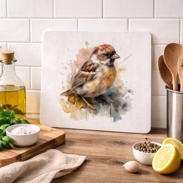 Planche À Découper Moineau Aquarelle Rustique (Créateur téléchargé)